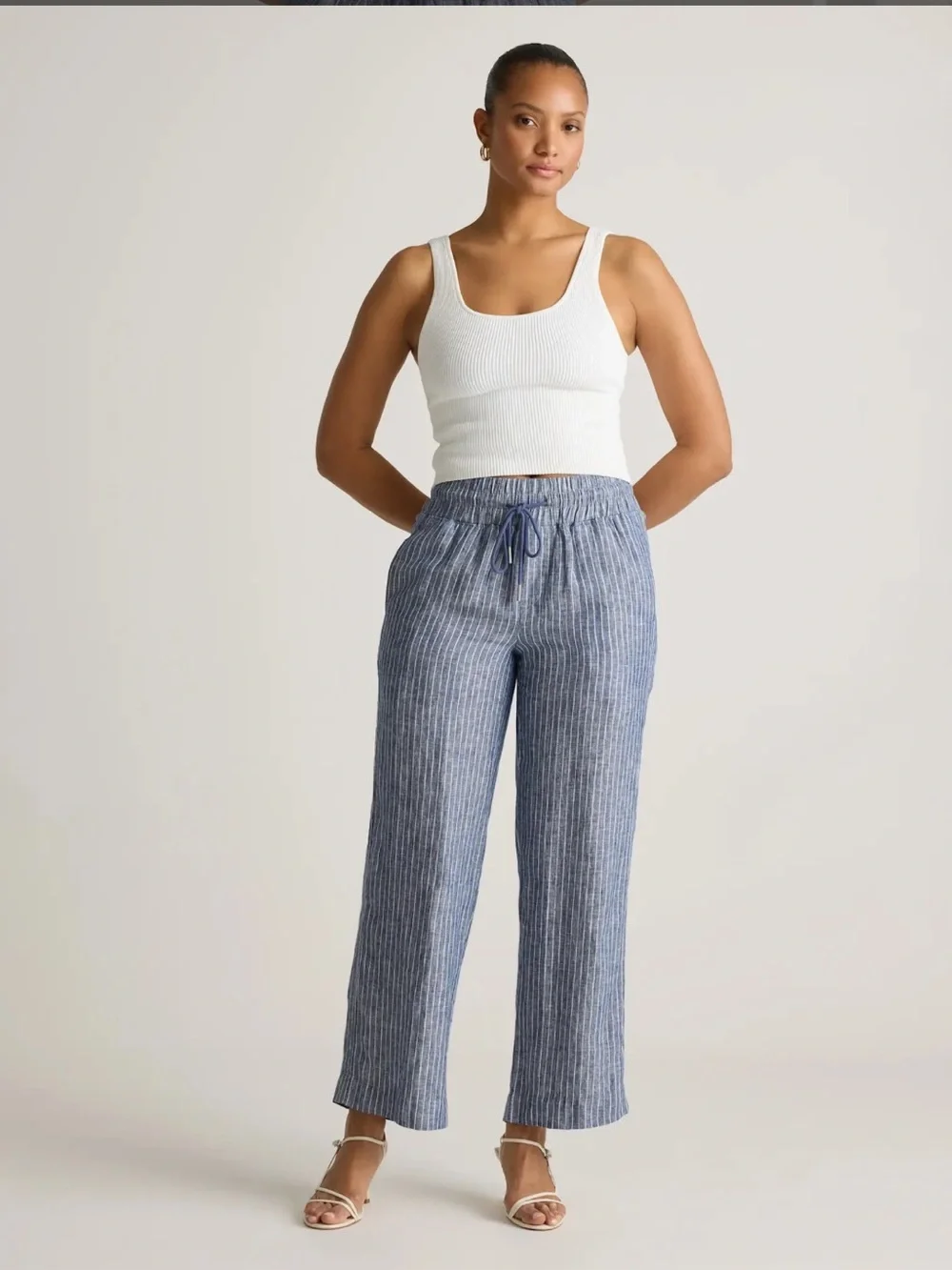 Quince 100% European Linen Wide Leg Pants In Striped Chambray Size Medium